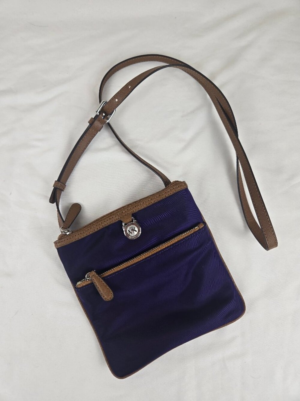 MICHAEL Michael Kors Kempton Dark Purple Nylon Crossbody Bag Tan Leather